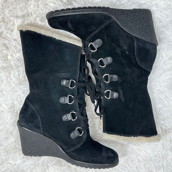 Cole Haan Nike Air Women Boot Sz 10 Black Suede Waterproof Wedge Heel Shearling - Picture 8 of 12